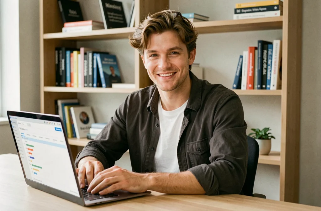 Portrait d'un jeune consultant SEO freelance assis dans un bureau à domicile minimaliste avec un outil d'audit SEO ouvert sur son ordinateur
