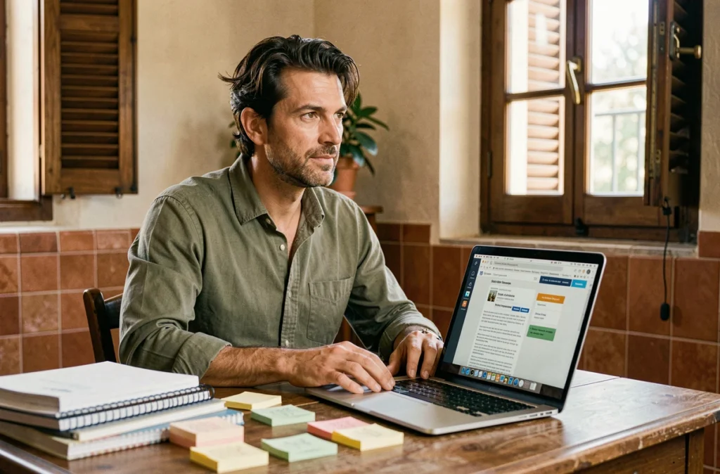 Portrait d'un consultant SEO homme assis à un bureau en bois avec des carnets et un ordinateur portable affichant une stratégie de contenu