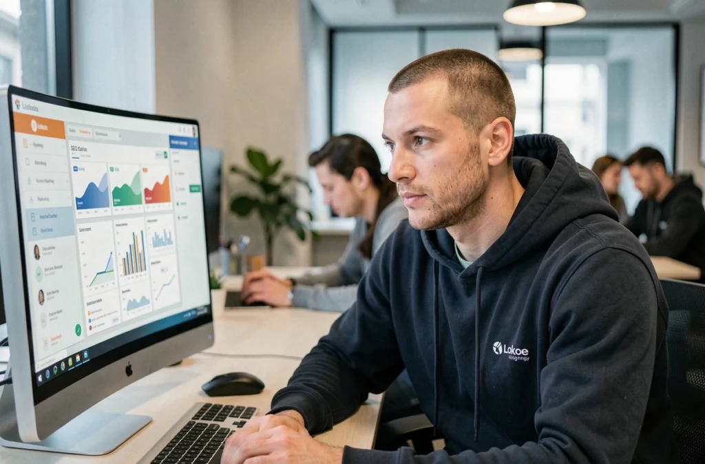 Portrait d'un consultant SEO de l'agence Lokoe en sweat à capuche foncé devant un tableau de bord SEO pour entreprises locales