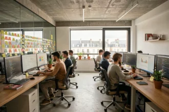 Vue d'ensemble d'une agence web moderne dans la Vienne avec des professionnels collaborant autour d'écrans affichant des maquettes de sites web