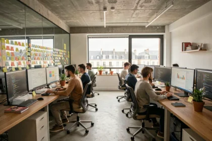 Vue d'ensemble d'une agence web moderne dans la Vienne avec des professionnels collaborant autour d'écrans affichant des maquettes de sites web