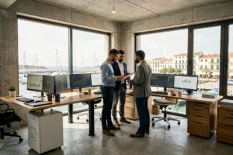 Vue d'ensemble d'un bureau de consultants SEO à Marseille avec vue sur le Vieux-Port et des écrans affichant des tableaux de bord analytiques