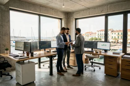 Vue d'ensemble d'un bureau de consultants SEO à Marseille avec vue sur le Vieux-Port et des écrans affichant des tableaux de bord analytiques