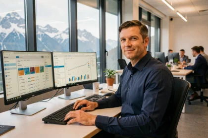 Consultant SEO professionnel travaillant sur des tableaux de bord d'analyse dans un bureau moderne en Haute-Savoie avec vue sur les montagnes