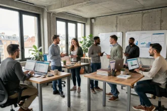 Équipe de consultants SEO travaillant dans un bureau moderne en Seine-Saint-Denis, entourés d'écrans affichant des analyses de référencement