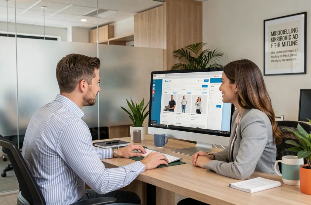 Deux collaborateurs de l'agence NEWP examinant un site e-commerce nouvellement lancé sur leur poste de travail partagé