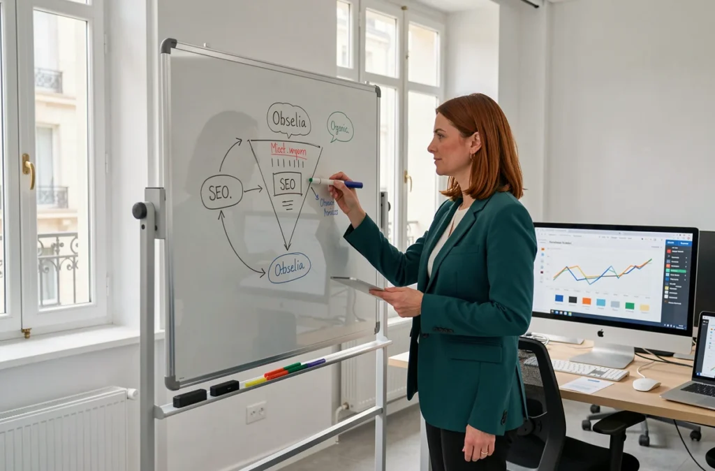 Professionnelle de l'agence Obselia en blazer sarcelle dessinant un schéma de stratégie SEO sur un tableau blanc dans un bureau lumineux à Marseille