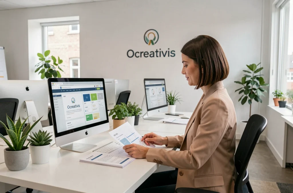 Bureau de l'agence Ocreativis avec une professionnelle en blazer beige examinant des rapports SEO imprimés dans un espace de travail moderne