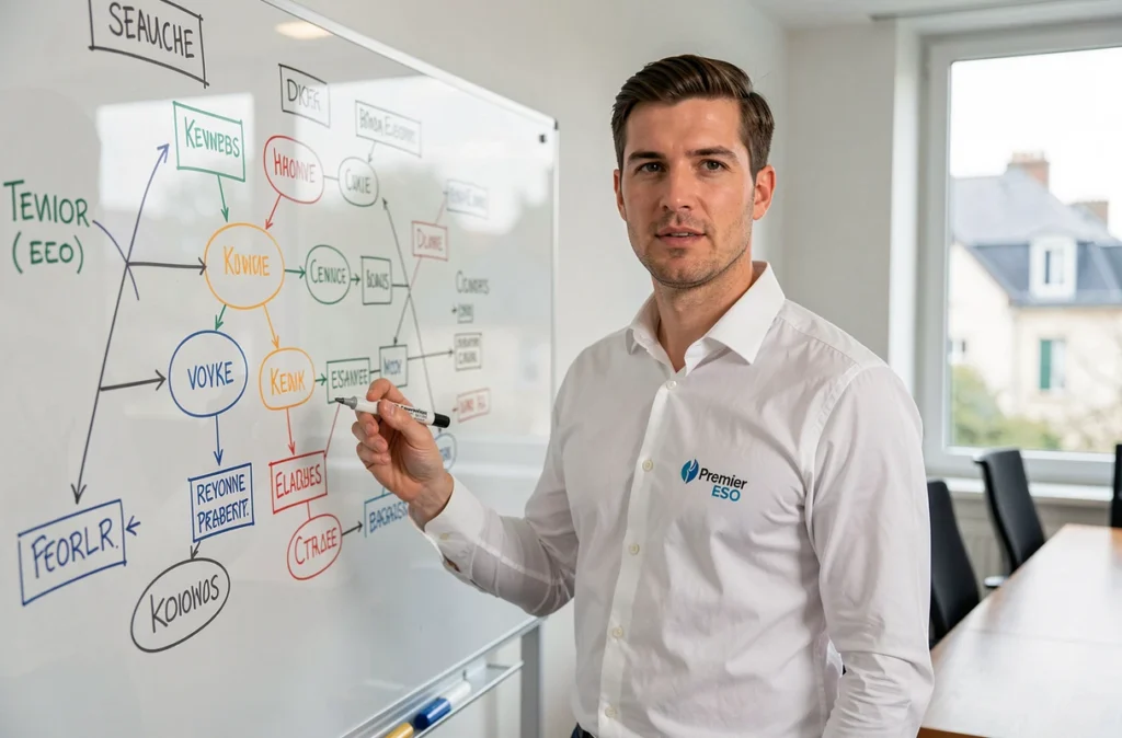 Consultant de l'agence Premier SEO expliquant une stratégie de référencement sur un tableau de verre lors d'une réunion