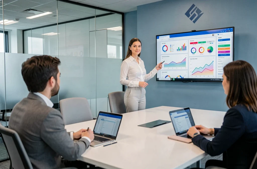 Équipe de l'agence Qwery présentant une stratégie digitale sur un écran mural avec des tableaux de bord analytiques