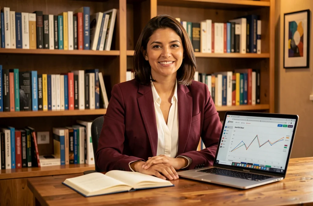 Sarah El Gharbi, consultante SEO experte, dans son bureau professionnel entouré de ressources en stratégie digitale