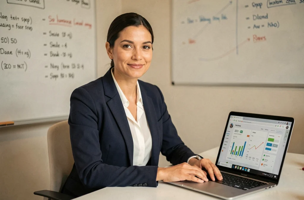 Portrait professionnel d'une consultante SEO femme en blazer marine assise devant un ordinateur portable avec des analyses de référencement