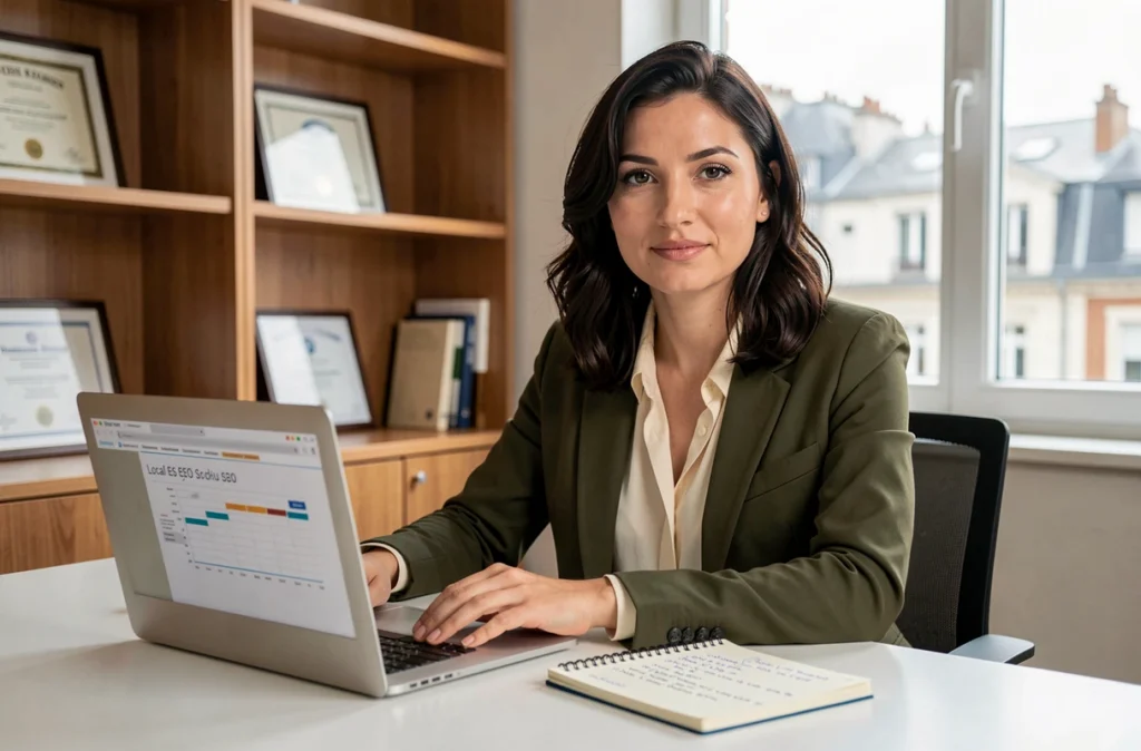 Sarah El Gharbi, consultante SEO, étudiant un audit de référencement local avec ses notes manuscrites de stratégie