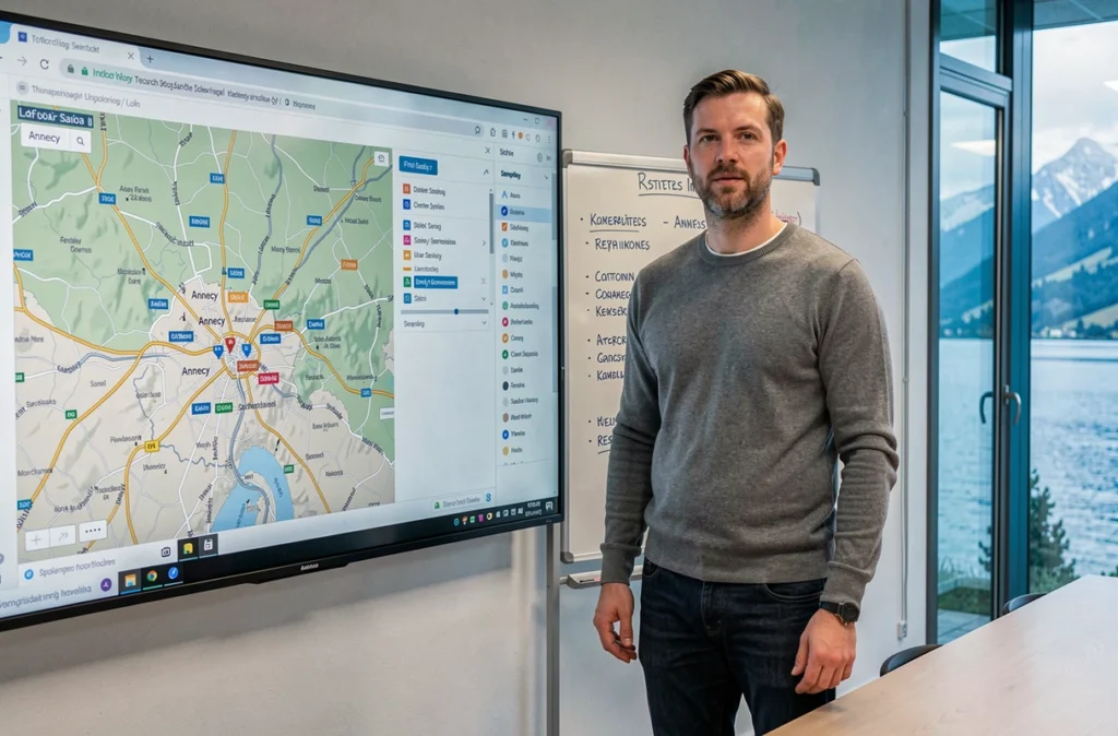 Spécialiste SEO Annecy présentant une stratégie de référencement local avec une carte de la région sur grand écran