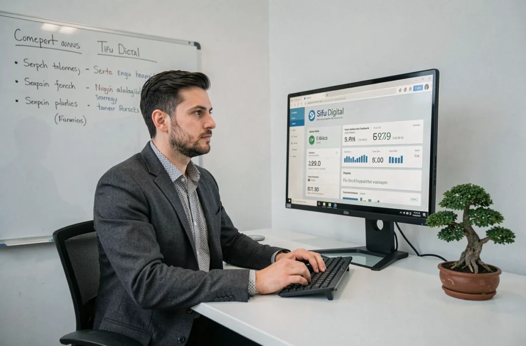 Consultant de l'agence Sifu Digital analysant des métriques SEO et une analyse concurrentielle dans un bureau minimaliste