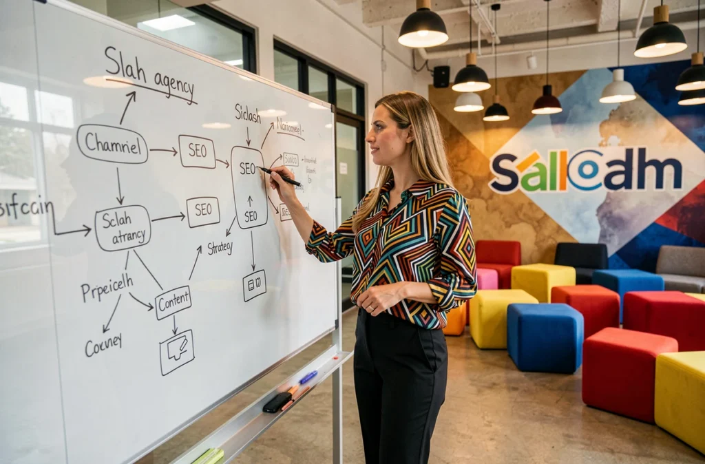 Stratège digitale de l'agence Slash élaborant une stratégie SEO multicanal sur un tableau en verre dans un espace créatif moderne