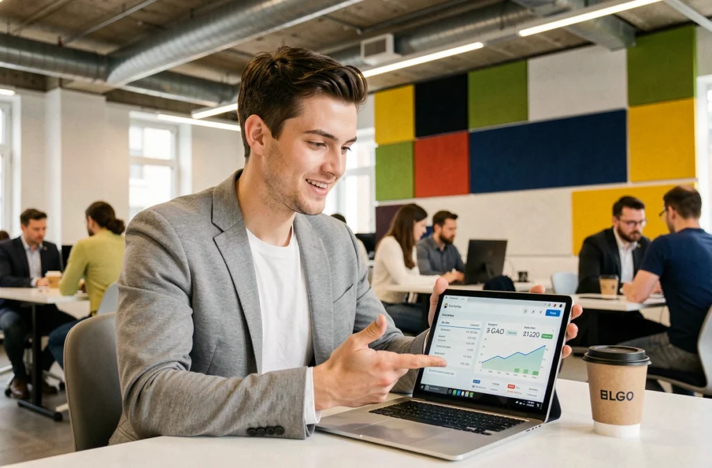 Consultant SEO et marketing digital de Tactee à Lyon présentant une stratégie de référencement intégrée sur tablette dans un espace de coworking moderne