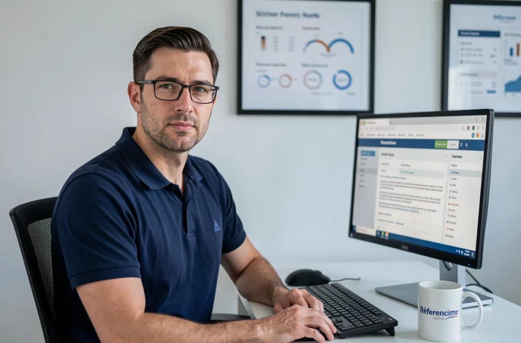 Portrait d'un consultant SEO de l'agence Référencime devant un ordinateur affichant un rapport d'audit de site web