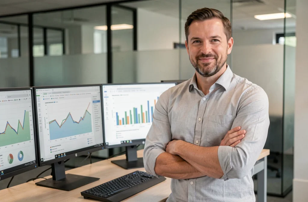 Portrait d'un consultant SEO homme en chemise grise s'appuyant sur un bureau avec des graphiques de classement de mots-clés visibles à l'écran
