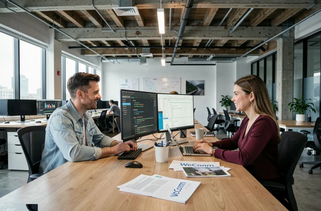 Espace de travail collaboratif de l'agence WeComm avec deux professionnels analysant des campagnes SEO sur des écrans dans un bureau moderne