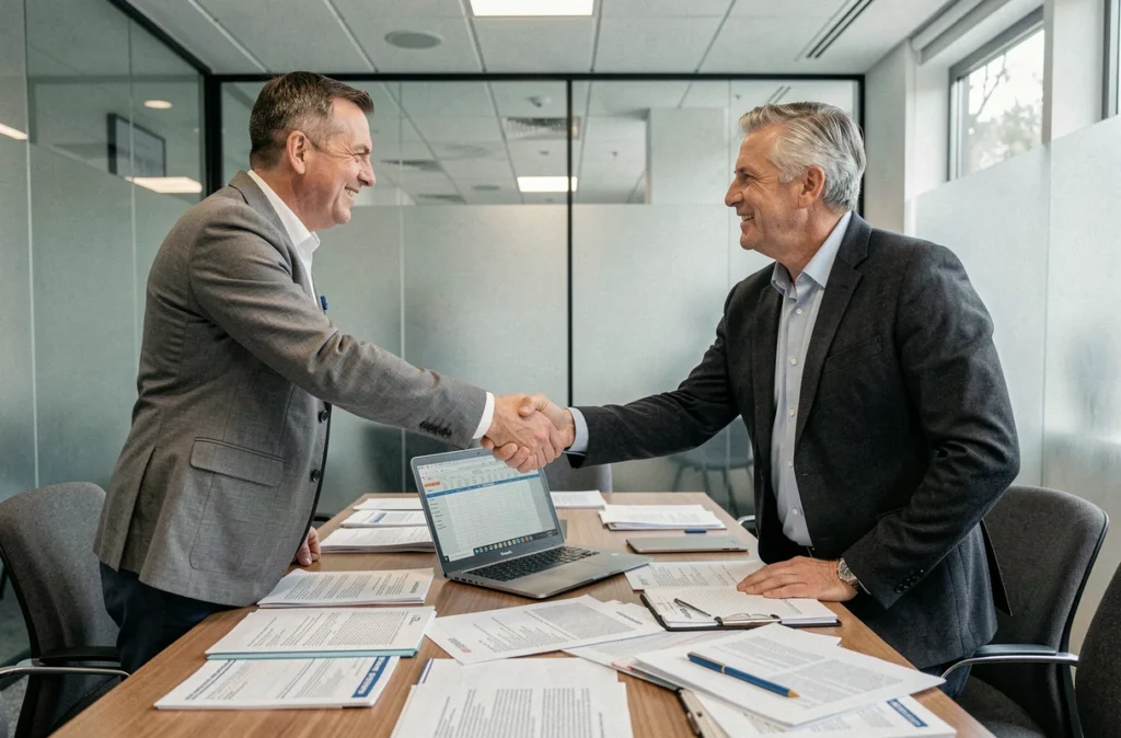 Deux agents de la fonction publique territoriale finalisant un accord de mobilité entre collectivités autour d'une table de réunion couverte de documents administratifs