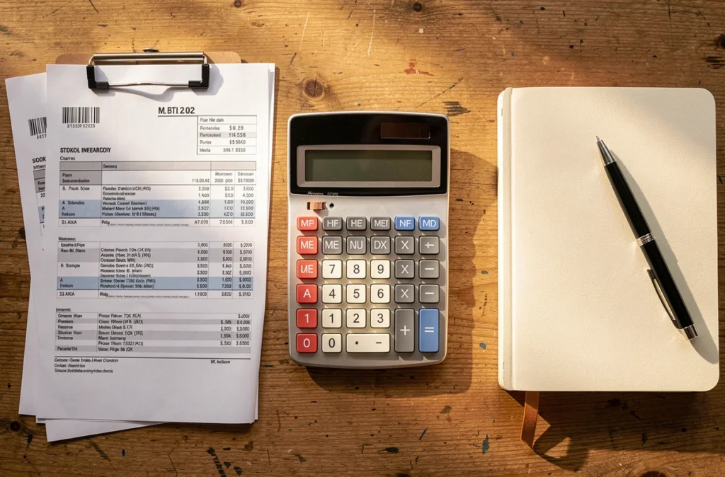 Calculatrice, factures et carnet posés sur un bureau pour chiffrer les frais