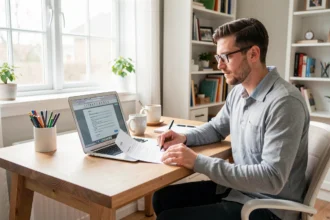 Entrepreneur à son bureau avec un ordinateur et des documents administratifs