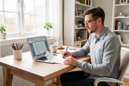 Entrepreneur à son bureau avec un ordinateur et des documents administratifs