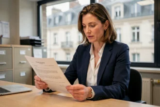 Fonctionnaire territoriale examinant un contrat de travail dans un bureau administratif municipal, illustrant la mobilité et le salaire contractuel entre collectivités