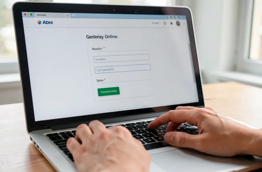 Personne remplissant une déclaration d'entreprise en ligne sur un ordinateur portable